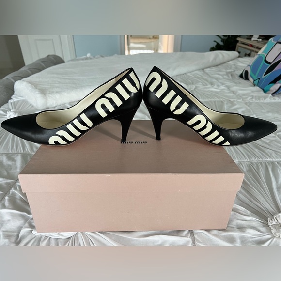 Miu Miu®  Black Logo Pumps - Picture 1 of 7
